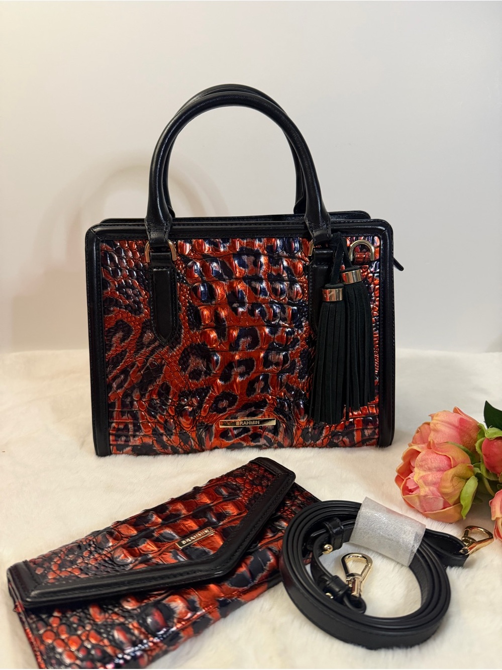 Brahmin Cami satchel and Veronica wallet in Red Leopardess